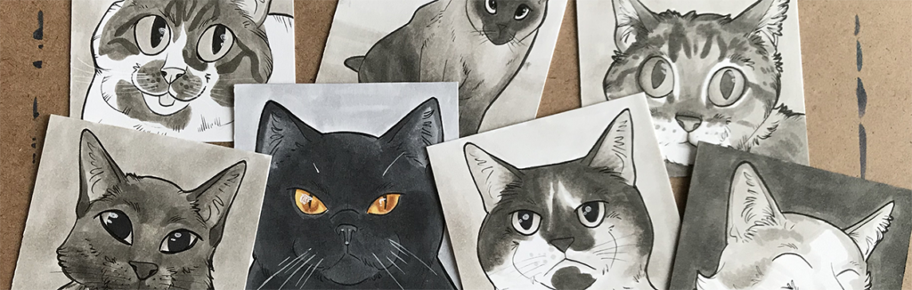 Several small cartoon drawings of cats that resulted from the Random Acts of Cat project